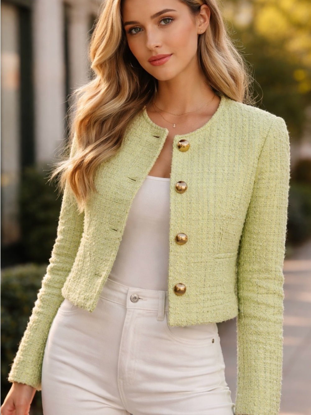 Glamour Cropped Tweed Jacket in Light Green with Gold Buttons